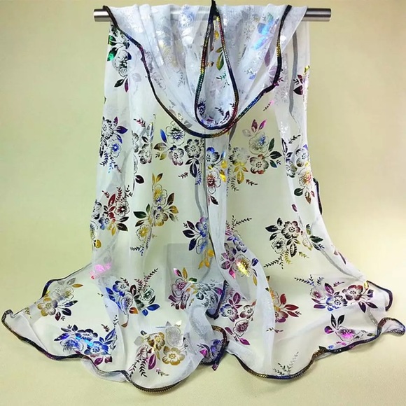 New! Floral Metallic Chiffon Scarf - Picture 7 of 9
